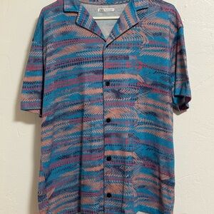Zara Teal and Pink Short-Sleeve Button-Up Camp Shirt